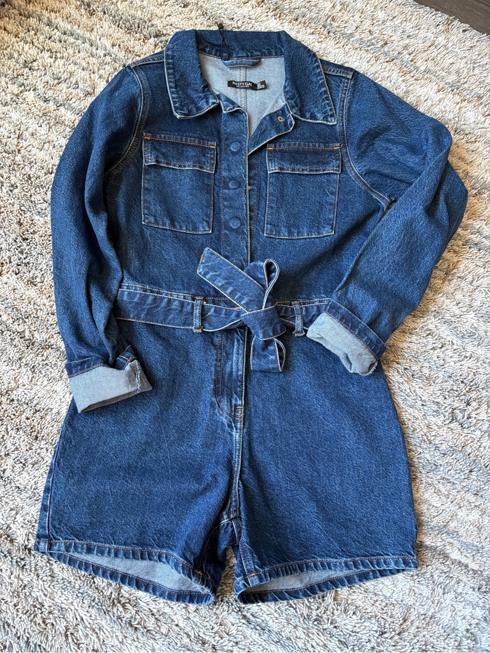 Nasty Gal Dark Blue Denim One-Piece Romper with Tie Waist